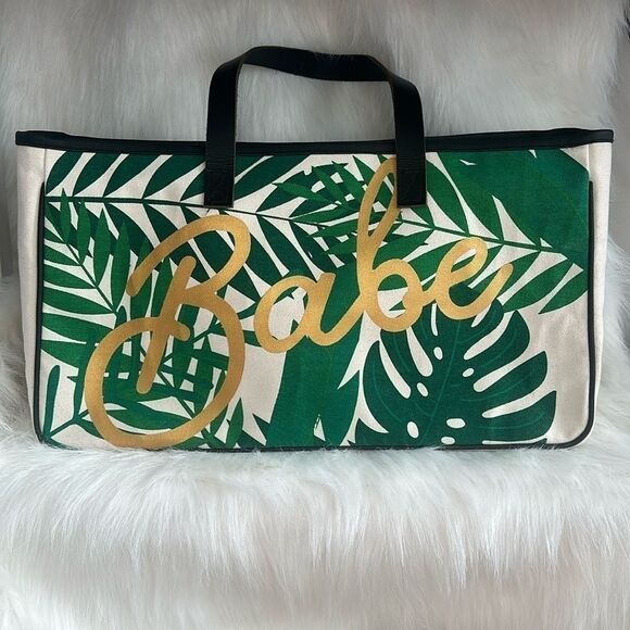 Babe Large Green Beige Tropical Vacation Beach Tote Bag - Picture 2 of 8